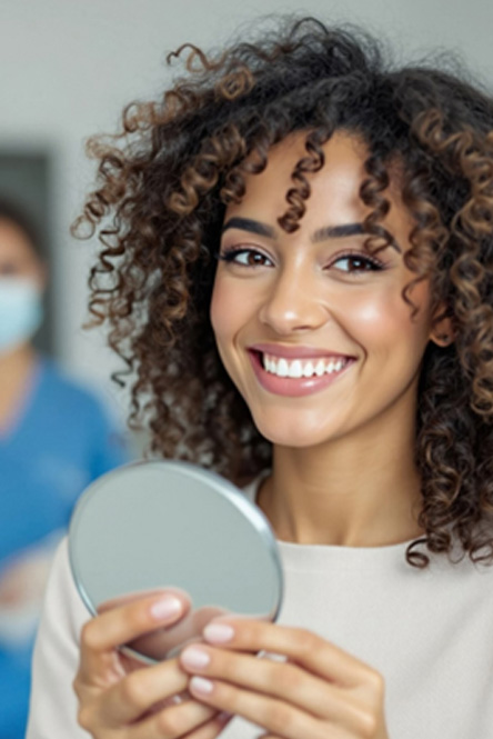 Woman smiling while holding small mirror