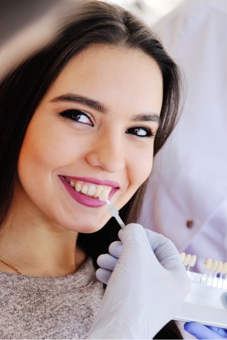 Woman's smile compared with porcelain veneer shade chart during cosmetic dentistry visit