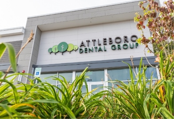 Green plants in front of the outside of Attleboro Dental Group