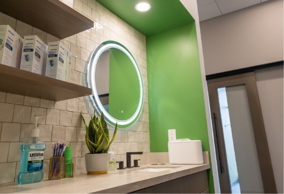 Mirror above a sink in a dental office