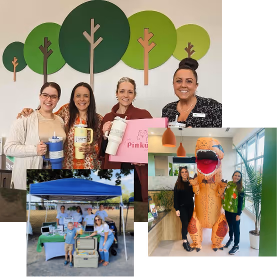 Collage of North Attleboro dental team members in dental office and at community events