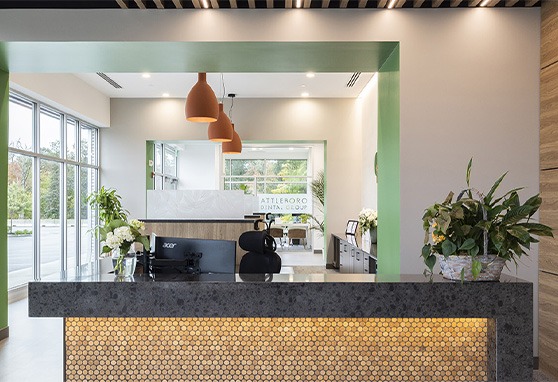 Front desk with pristine black countertop